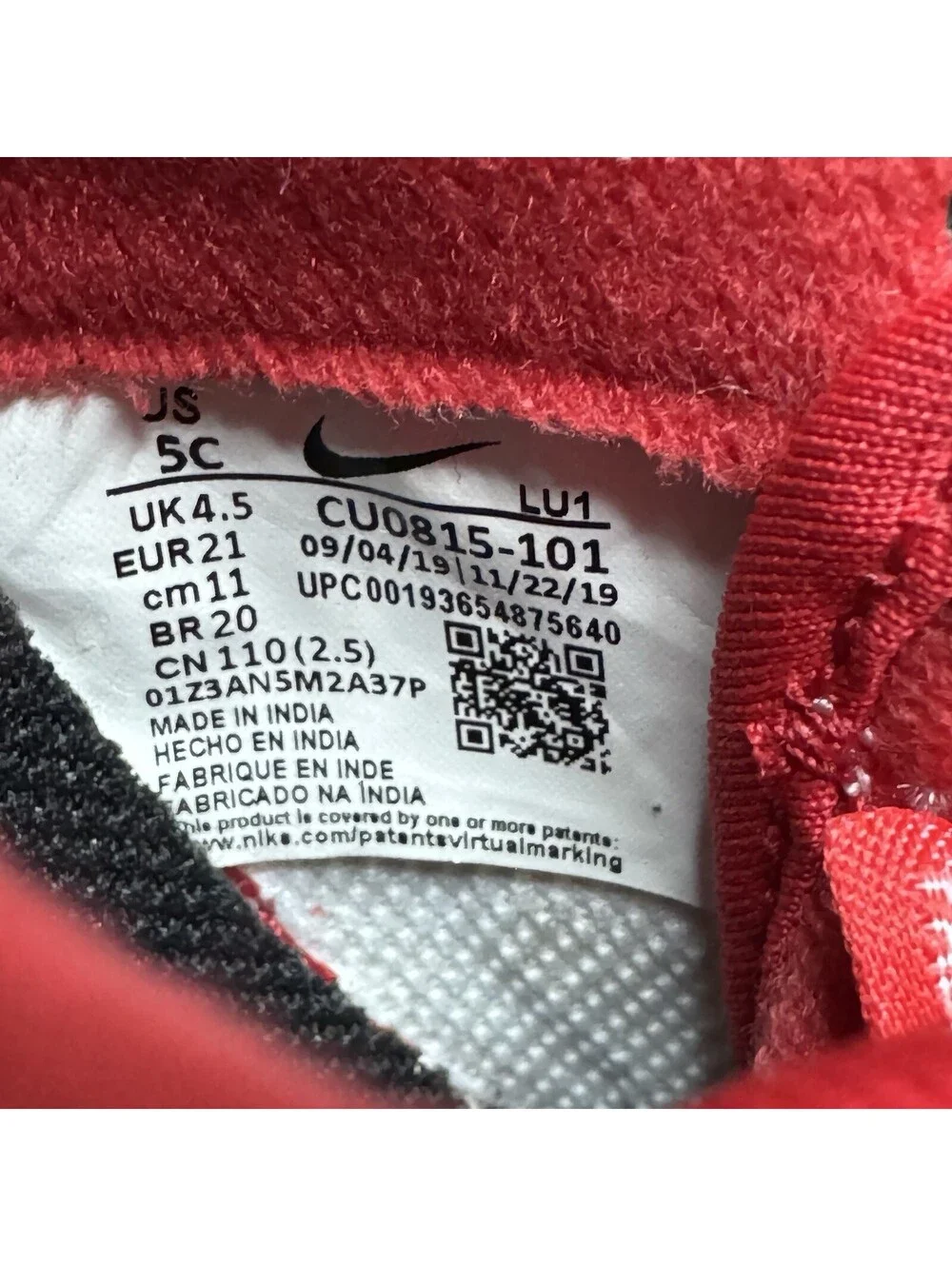Nike Air Force 1 Low University Red and White Sneakers CU0815-101 Size 5c